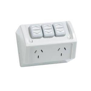 Clipsal WSC227/2XRG 3 Pin General Purpose Weatherproof Outlet Socket Switch With Extra Switch, 250V, 10A, Resistant Grey